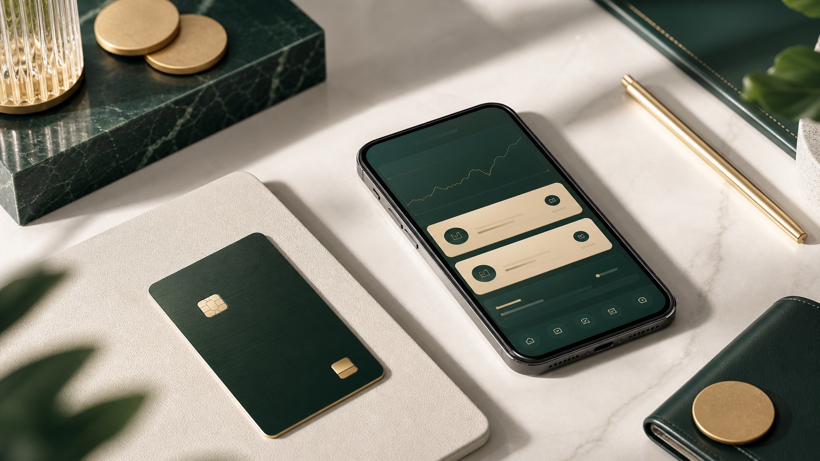 Premium cash and account services desk with abstract finance interface