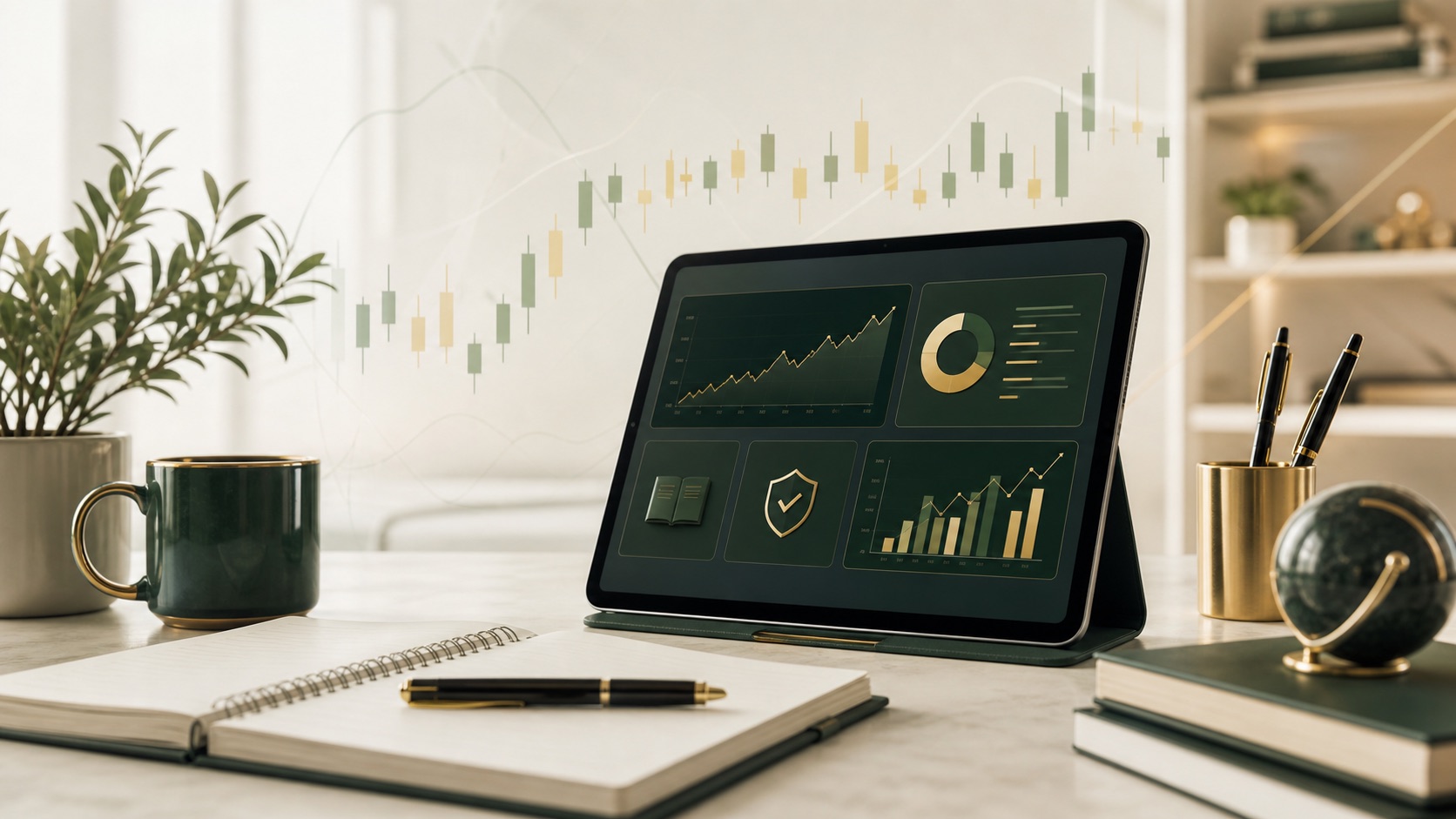 Investment education workspace with abstract market learning materials