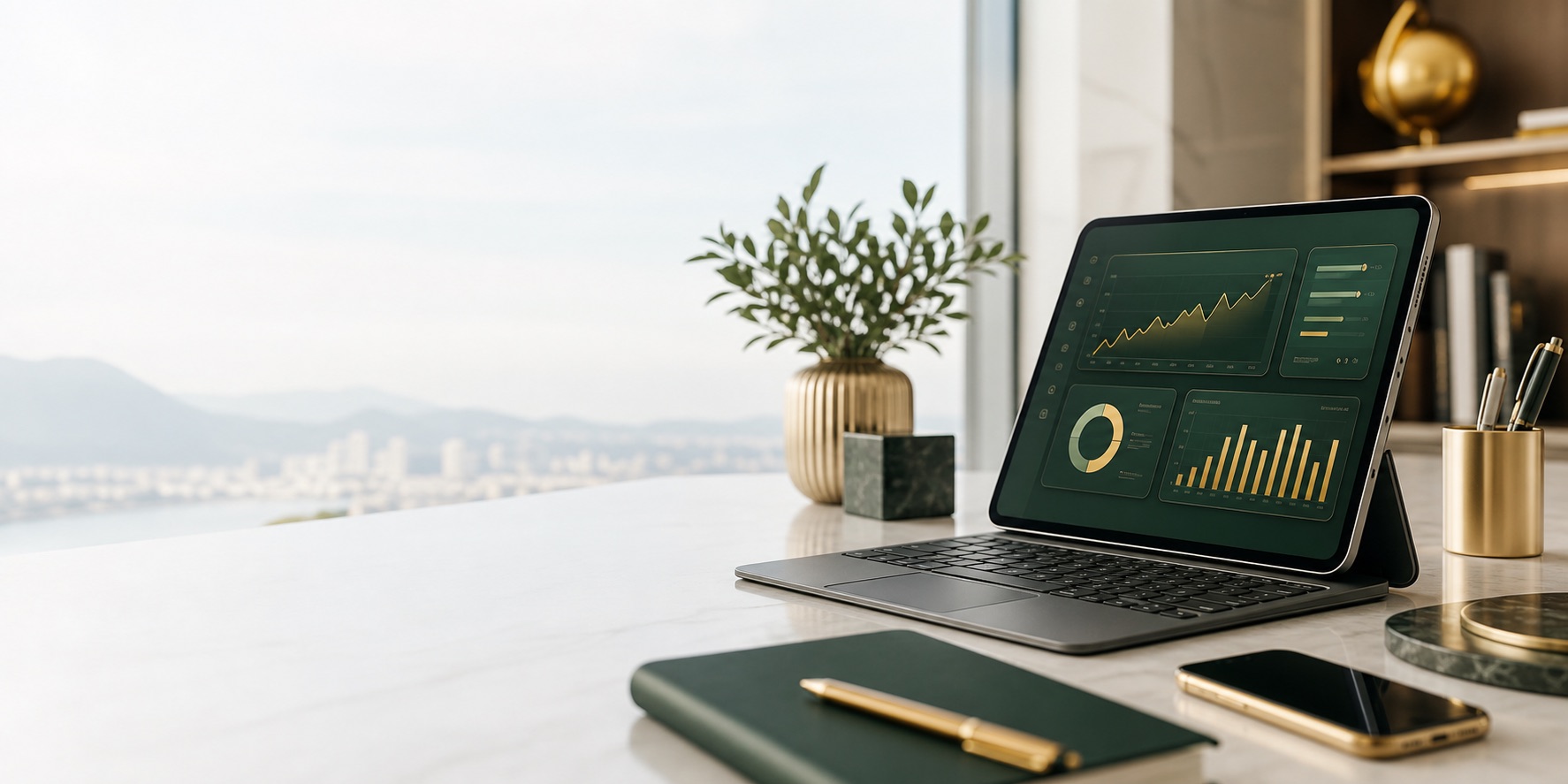 Private investing workspace with abstract portfolio dashboard