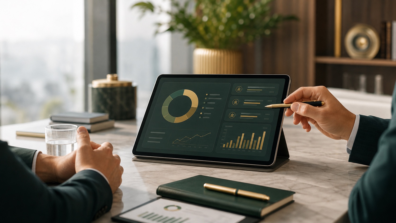 Professional advisor workspace with abstract portfolio reports